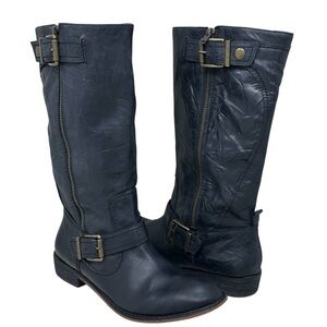 Gianni Bini Black Distressed Leather Tall Moto Style Boots Womens 9.5